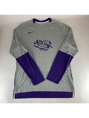 LSU Tigers NCAA Gray Purple Nike Dri Fit Long Sleeve Athletic Shirt Mens Large